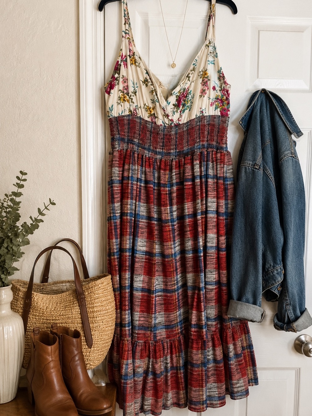 Tracy Porter Cream Bodice Floral & Red Plaid Midi Dress